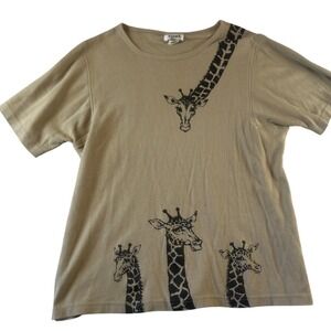 Teddi Womens XL Giraffe Graphic Ribbed Knit T-Shirt Tan Safari Short Sleeve
